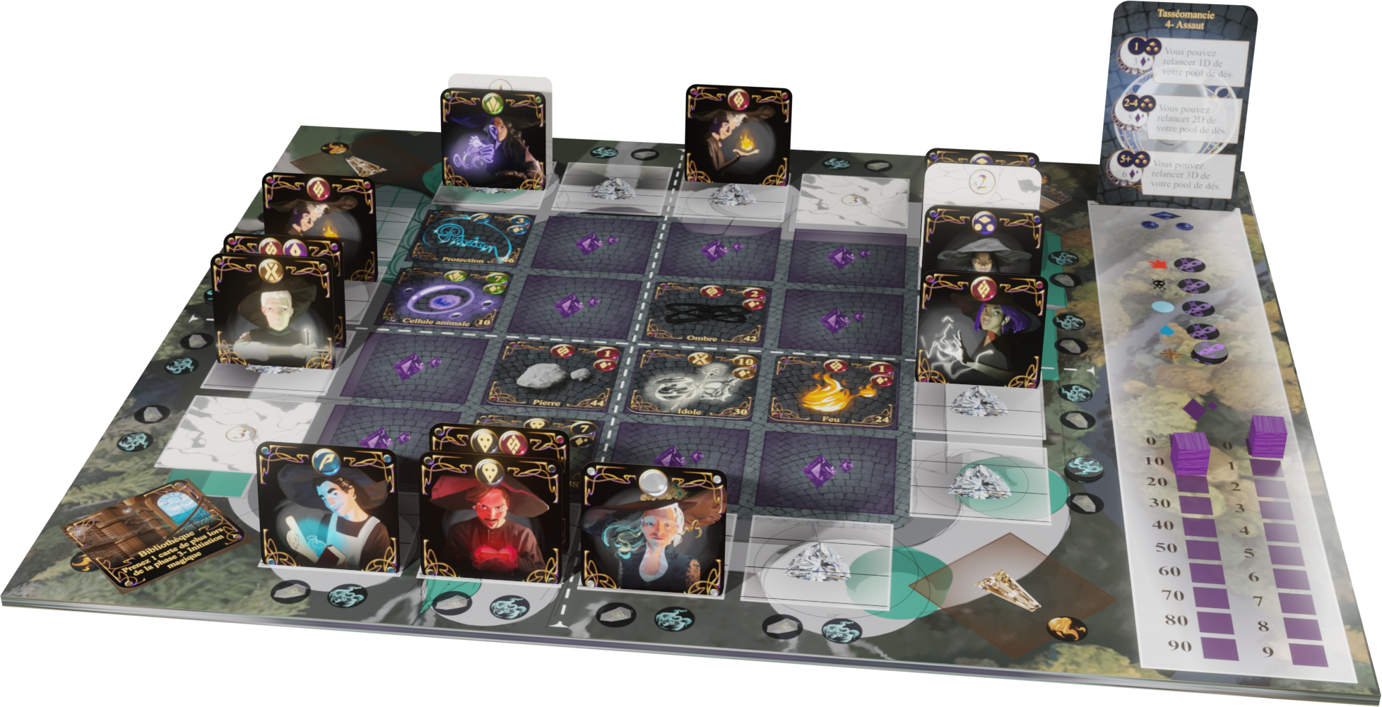 Le plateau du jeu Praestigium mis en place avec la boîte en arri&egrave;re plan